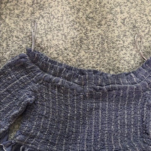 Free People Smock Around Striped Cropped Blouse Top Blue Bell Sleeves Medium - Picture 4 of 7